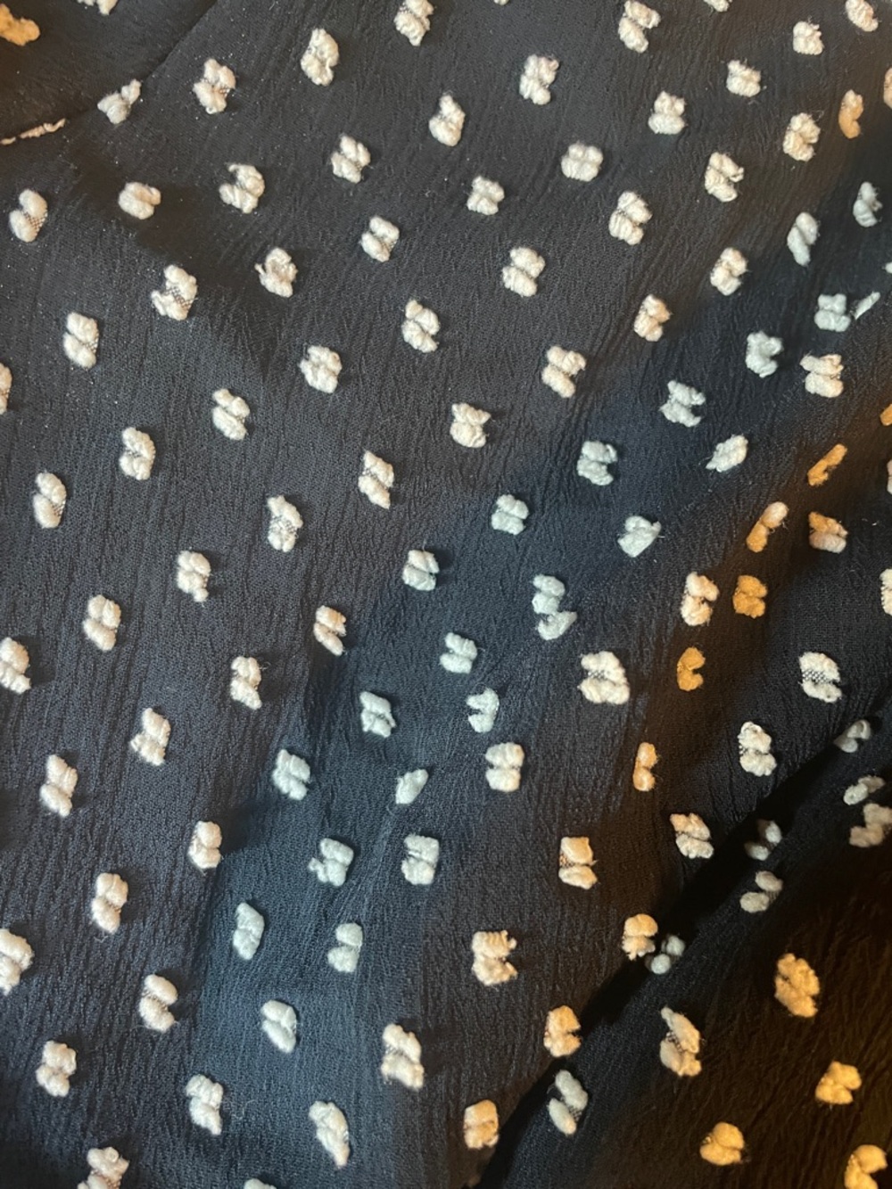 Ann Taylor Shirred Navy and White Dot Split-Neck Blouse Size Medium - Picture 9 of 9
